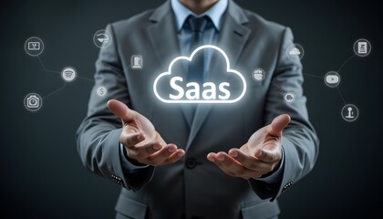 Businessman Presenting SaaS Concept with Technology Icons in Digital Background