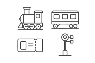 Set of railway transportation and travel symbols featuring a locomotive, passenger car, train ticket, and signal
