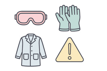 Fototapeta premium Collection of personal protective equipment including safety goggles, gloves, lab coat, and a warning sign