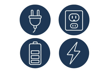 Electrical power and energy symbols with plug, outlet, battery, and lightning bolt for technology concepts