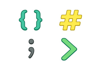 Modern colorful programming and punctuation symbols for web development, coding, and digital design projects