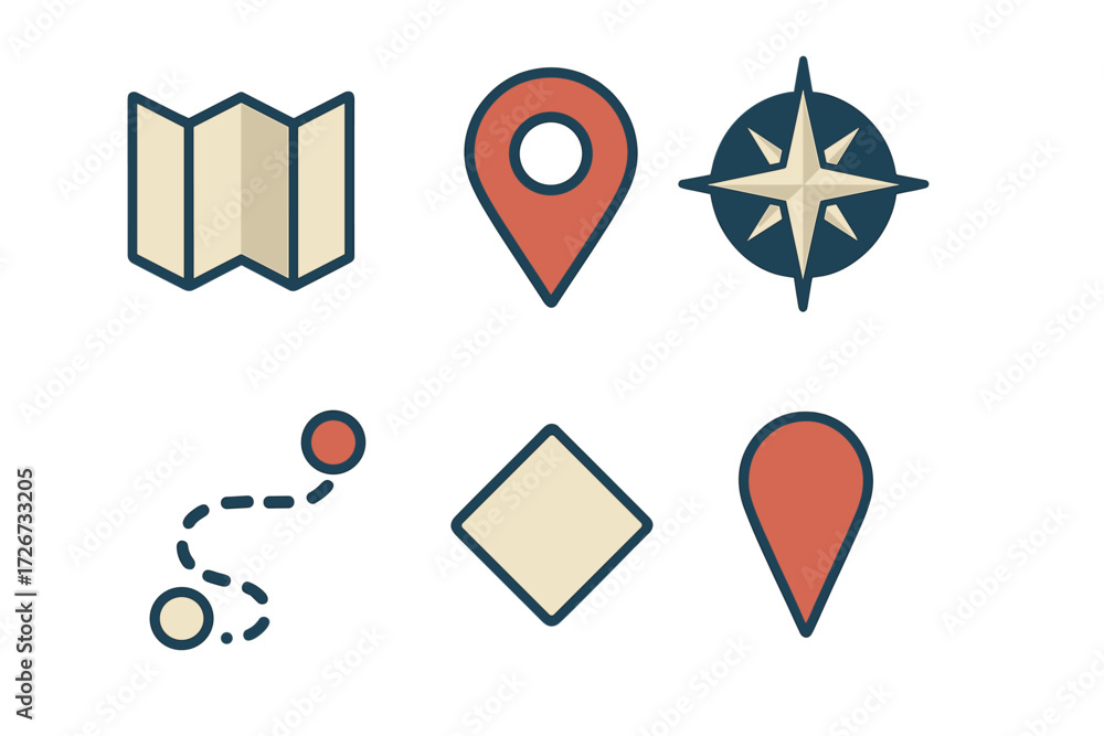 Poster navigation and location symbols with map, compass, and various map pins for travel and journey plann