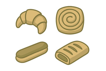 Diverse collection of sweet and savory bakery items including croissant, eclair, and spiral pastry