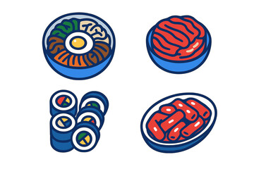 Delicious traditional Korean cuisine dishes set including bibimbap, kimchi, gimbap, and tteokbokki, showcasing popular Asian food culture