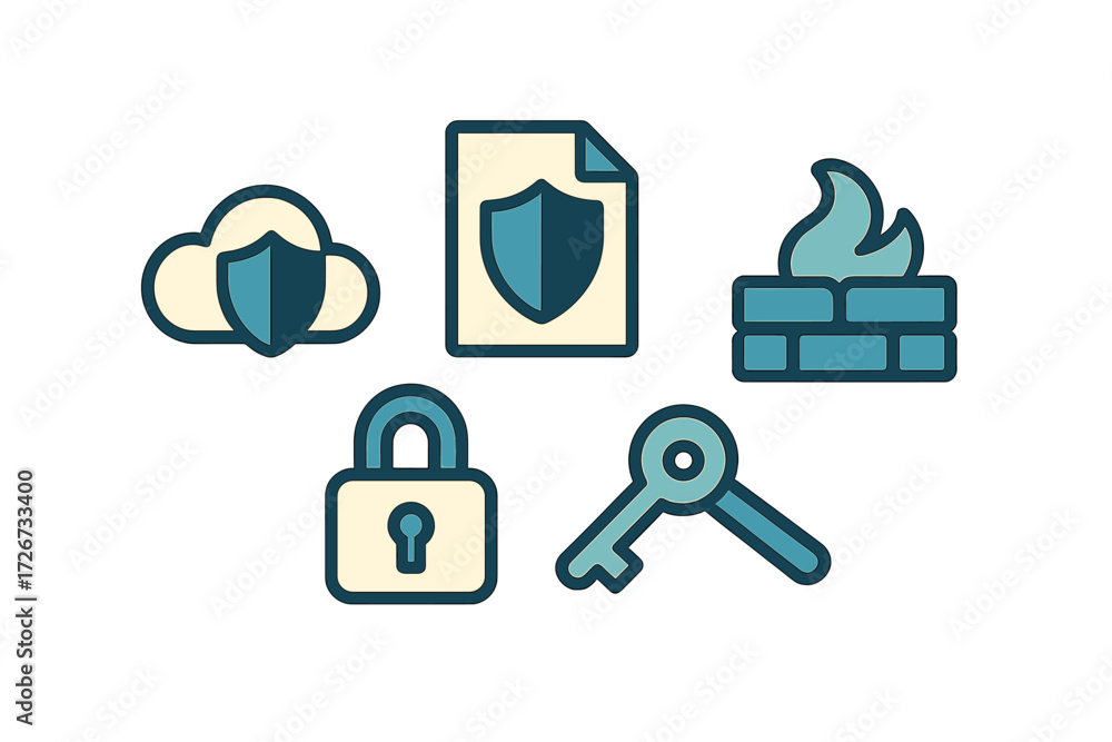 Poster digital security and data protection concepts with cloud shield, document shield, firewall, padlock,