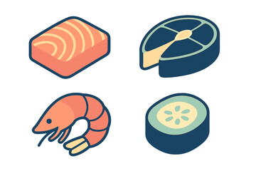 Fresh seafood and sushi ingredients set featuring salmon fillet, fish steak, shrimp, and cucumber roll, ideal for healthy cuisine and gourmet dining
