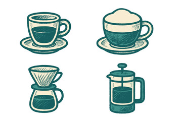 Stylized collection of coffee beverages and brewing equipment including French press, pour over dripper, and espresso cups