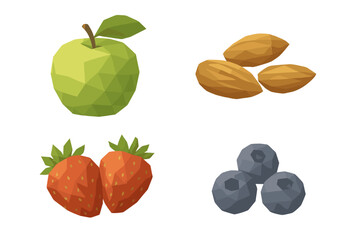 Healthy food items: green apple, red strawberries, blue blueberries, and brown almonds in geometric low poly style