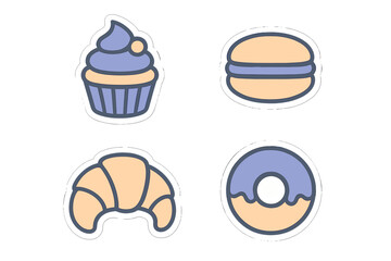 Collection of sweet bakery treats including cupcake, macaron, croissant, and donut icons with outlines and pastel colors