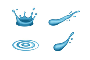 Dynamic blue water splashes and ripples set with liquid drops, flowing elements, and abstract aqua shapes