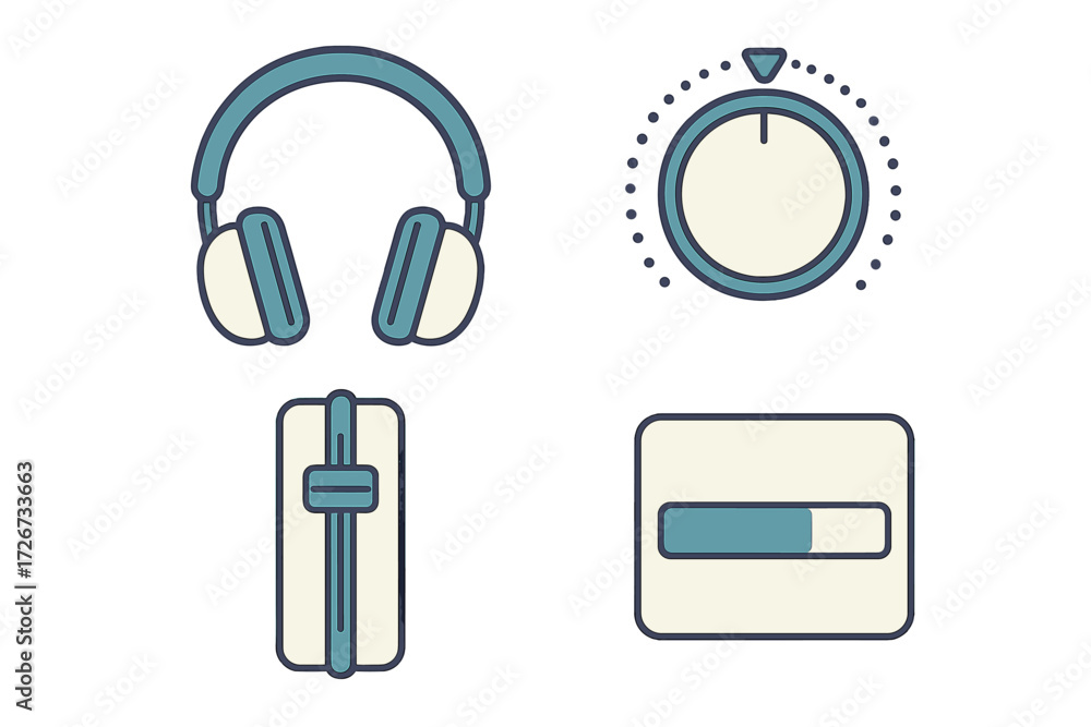 Poster modern user interface icons set featuring audio headphones, a timer, vertical fader, and horizontal 