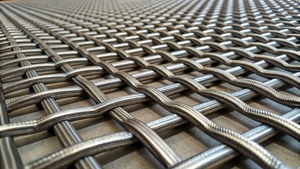 Detailed view of industrial steel mesh pattern showcasing weaving and texture from a close angle