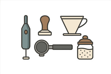 Collection of essential coffee preparation tools and accessories including frother, tamper, portafilter, and dripper