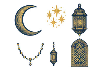 Obraz premium Traditional Islamic decorative elements set with crescent moon, shining stars, ornate lanterns, and elegant arch for Ramadan and Eid