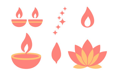 Diwali festival elements set with traditional oil lamps, lotus flower, and decorative sparkles for Hindu celebrations