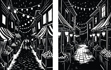 Explore a vibrant black and white marketplace with lanterns and people, perfect for adding cultural charm to your next project or design concept
