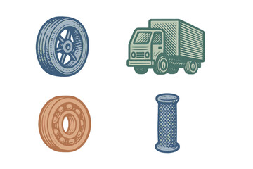 Assortment of industrial and vehicle elements including a car wheel, ball bearing, air filter, and a cargo truck