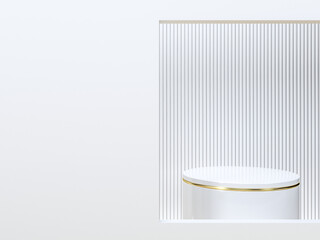 White Minimal Podium with Vertical Silver Lines in Modern Background. 3d rendering