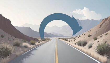 Winding desert road with mountainous backdrop, a blue arrow arching over the roadway