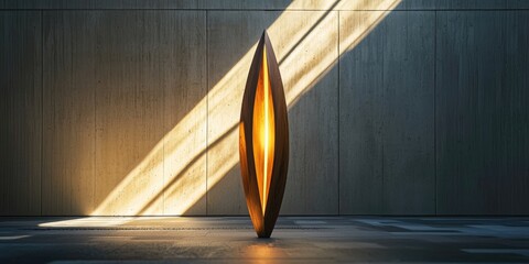 Tall wooden sculpture glowing under focused spotlight in modern space Stock photo