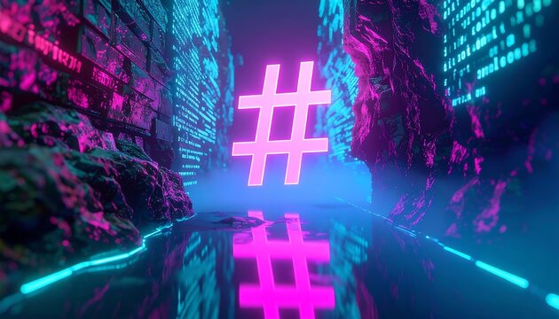 Neon hashtag in a digital canyon