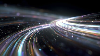 Abstract light trails moving fast in a dark environment with bokeh effect
