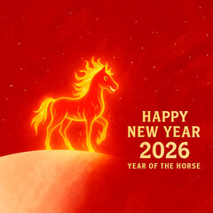 Minimalist digital illustration of a fiery horse silhouette standing on snowy ground with a red festive background. Concept of Merry Christmas and Happy New Year 2026, Year of the Horse.
