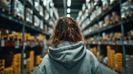 Person Walking in a Warehouse Aisle Amongst Shelves of Packaged Products