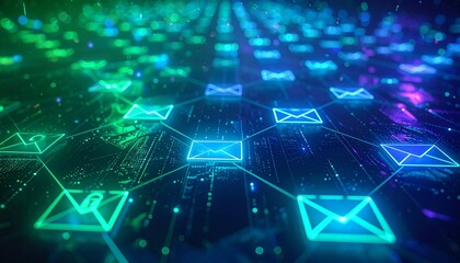 Digital email network showcasing the interconnectedness of online messaging and communication. The network of illuminated email envelopes symbolize global information exchange