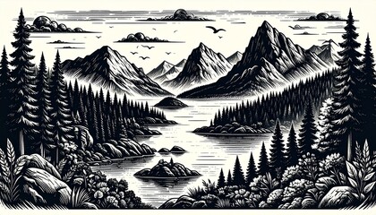 黒い手描き風の線画イラストを並べたシームレスパターン。