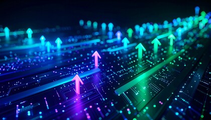 Arrows pointing upward, symbolizing growth and progress, are arranged on a circuit board, suggesting technology, business, and innovation
