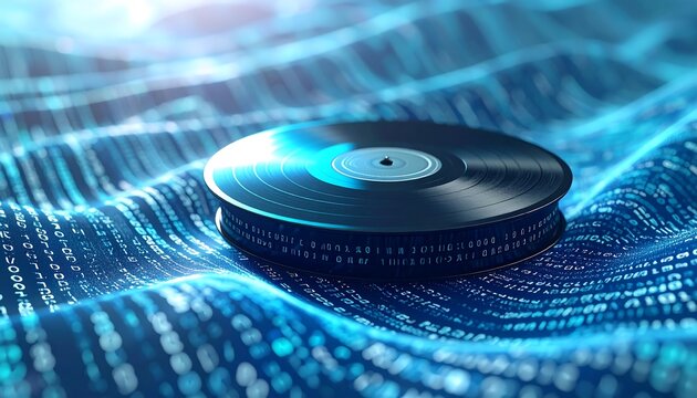 Vinyl Record with Data Stream on a Blue Wavy Background