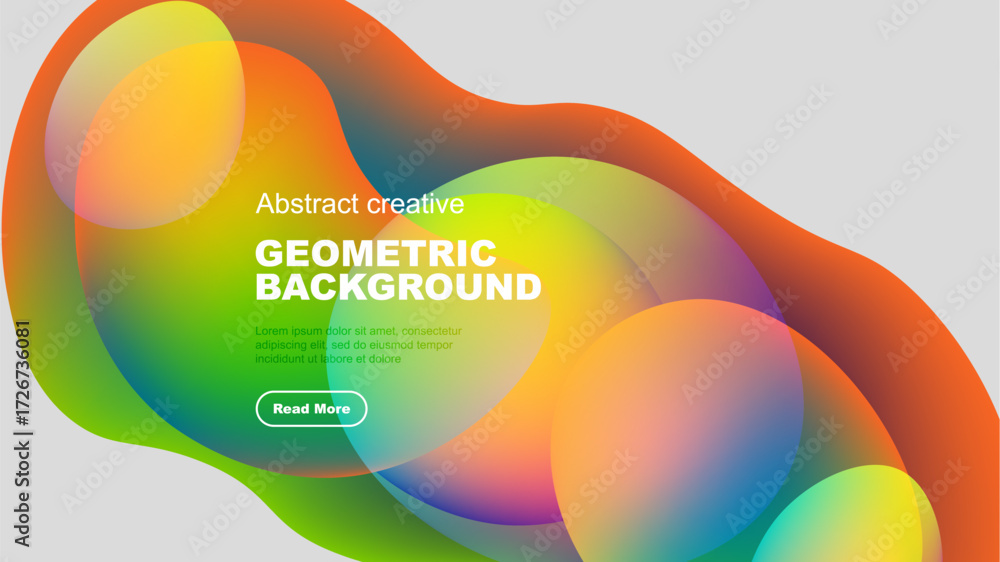 Poster vibrant overlapping shapes create abstract geometric background. text present, button visible. moder