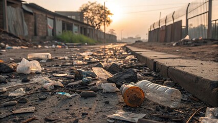 Melted plastic debris littering an industrial area at sunrise, illustrating pollution and neglect in the environment