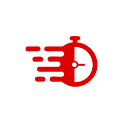 Time clock logo for fast delivery. timely service, stopwatch in motion, deadline concept, vector flat illustration