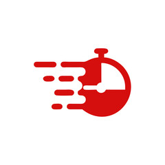 Time clock logo for fast delivery. timely service, stopwatch in motion, deadline concept, vector flat illustration