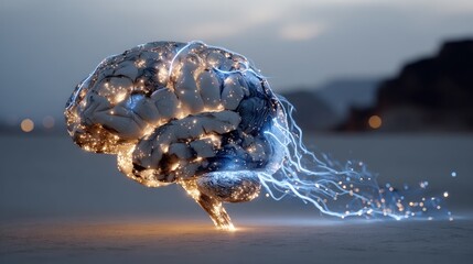 Artistic depiction of the human brain with glowing lights, brain activity concept
