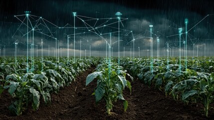 Smart Agriculture with Technology in a Field During Rainfall Illustrating Modern Farming