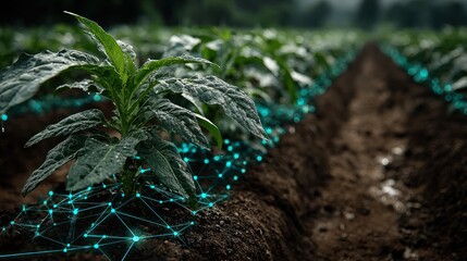 Agricultural Technology: A Field of Plants Interconnected with Digital Network in the Farm