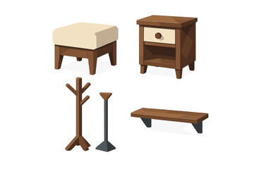 Collection of home furniture and decor items including an ottoman, nightstand, coat rack, floor lamp, and wall shelf
