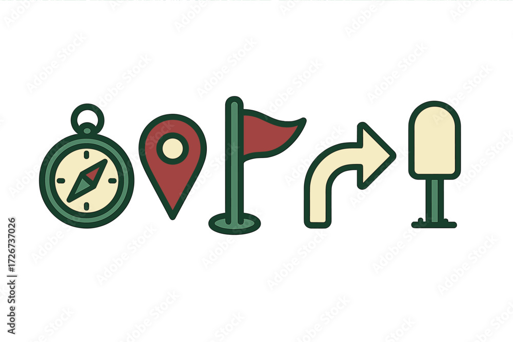 Poster essential navigation and location icons set featuring a compass map pin flag turning arrow and blank