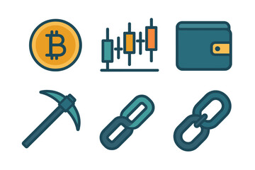 Cryptocurrency and blockchain technology symbols including digital currency, financial charts, wallet, mining tool, and chain links