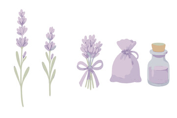 Aromatic lavender sprigs, delicate tied bouquet, soothing sachet, and natural essential oil bottle assortment