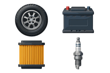 Automotive spare parts collection with car tire, battery, air filter, and spark plug for vehicle maintenance