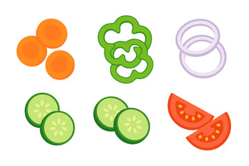 Assortment of fresh sliced vegetables including vibrant orange carrots, green bell peppers, purple onions, refreshing green cucumbers, and ripe red tomatoes