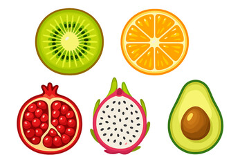 Delicious vibrant collection of healthy fresh tropical and exotic fruits sliced in half showing inner pulp and seeds on white background