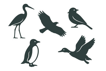 Obraz premium Collection of stylized bird silhouettes including heron, majestic eagle, small perching bird, standing penguin, and flying duck for nature designs