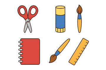 Assortment of colorful school and art supplies including scissors, glue, paintbrushes, notebook, and ruler for education and creative projects