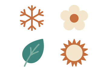 Stylized graphic icons representing the four seasons: winter snowflake, spring flower, summer sun, and autumn leaf elements