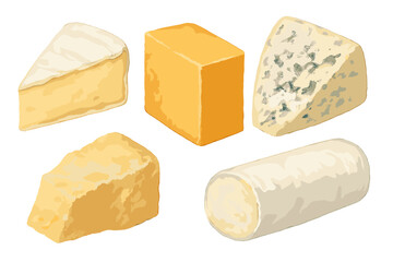 Assortment of gourmet cheeses including brie, cheddar, blue cheese, parmesan, and goat cheese on white background